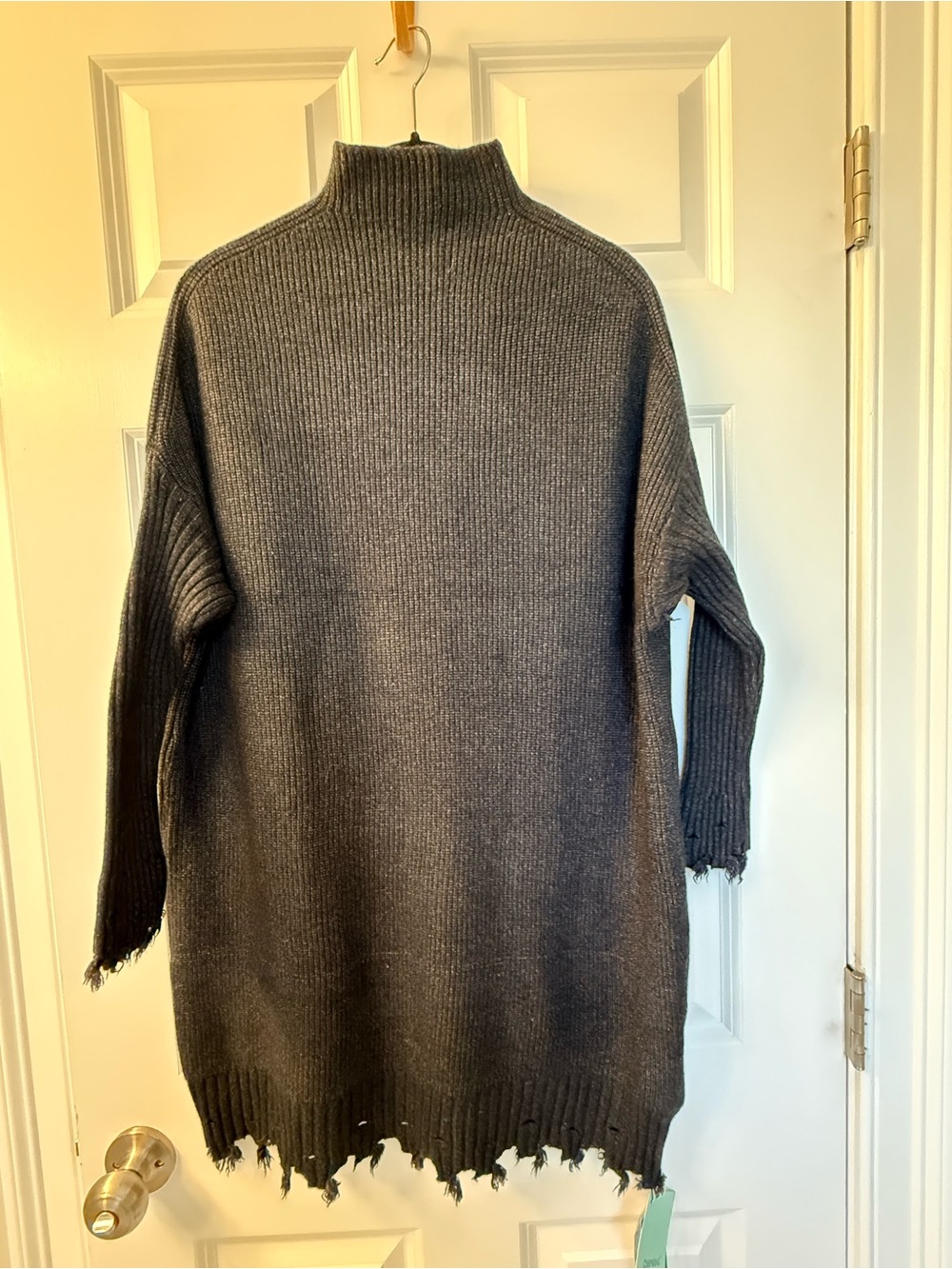 NWCharcoal Gray Knit Mock Turtleneck Sweater Dress with Distressed Cuffs and Hem